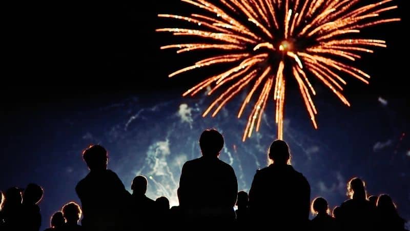 A crowd of silhouetted people watches a large golden firework burst in the dark sky.
