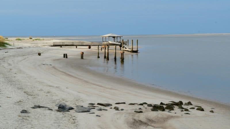 Quiet sandy shoreline with a wooden dock extending into calm water under a clear sky.